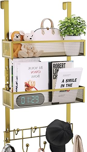 Miniatura 20 de Consumest Organizador de Ganchos Sobre la Puerta - Colgador de Puerta Extra Largo con 9 Ganchos para Abrigos y 2 Cestas de Malla, Organizador