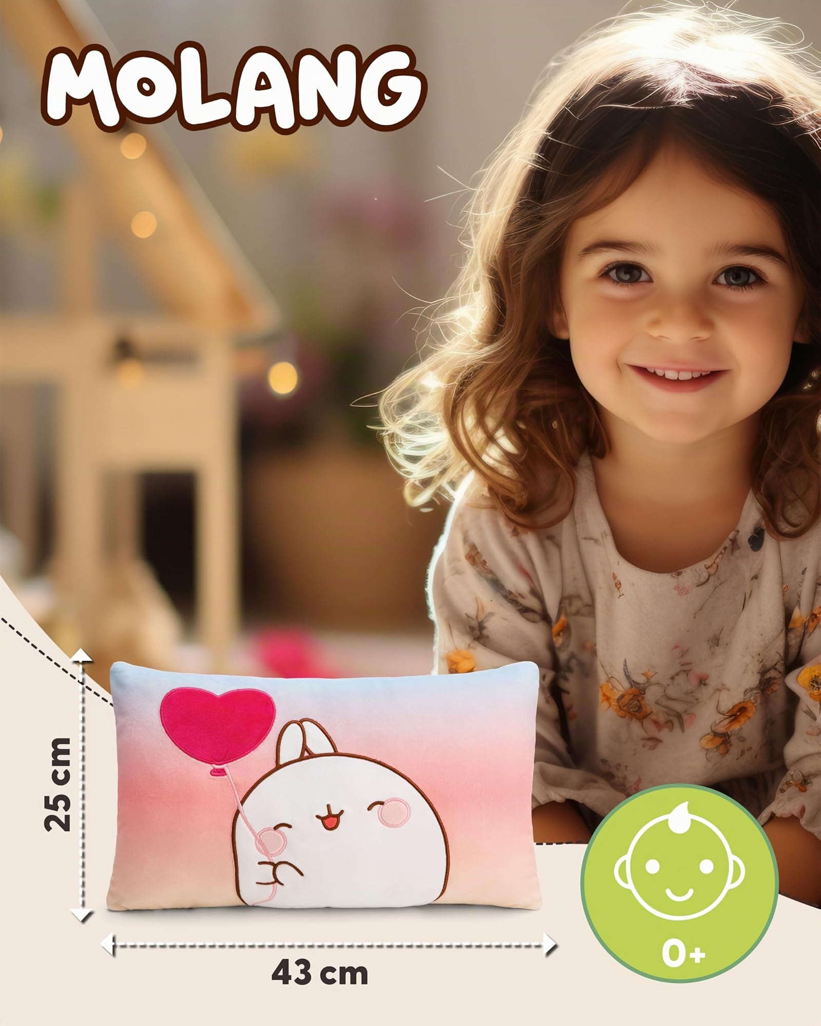 NICI cojín MOLANG 43x25cm colorido - Cojín de peluche mullida para niños, niñas, bebés y amantes de los peluches, ideal para casa, la guardería o de viaje - 61677