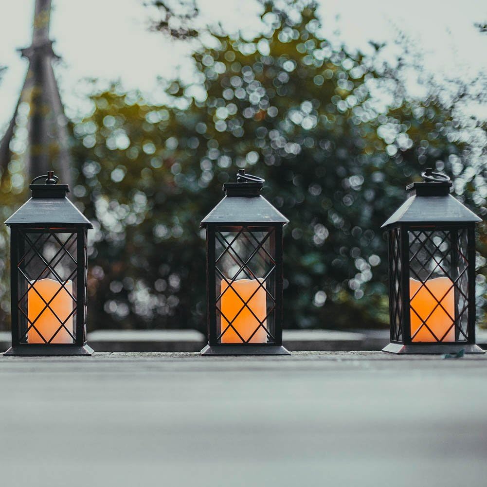 14" Cooper Brushed Vintage Decorative Candle Lantern with 4 Hours Timer (Batteries Included) Hanging for Indoor&Outdoor Flameless Candles (Set of 2)
