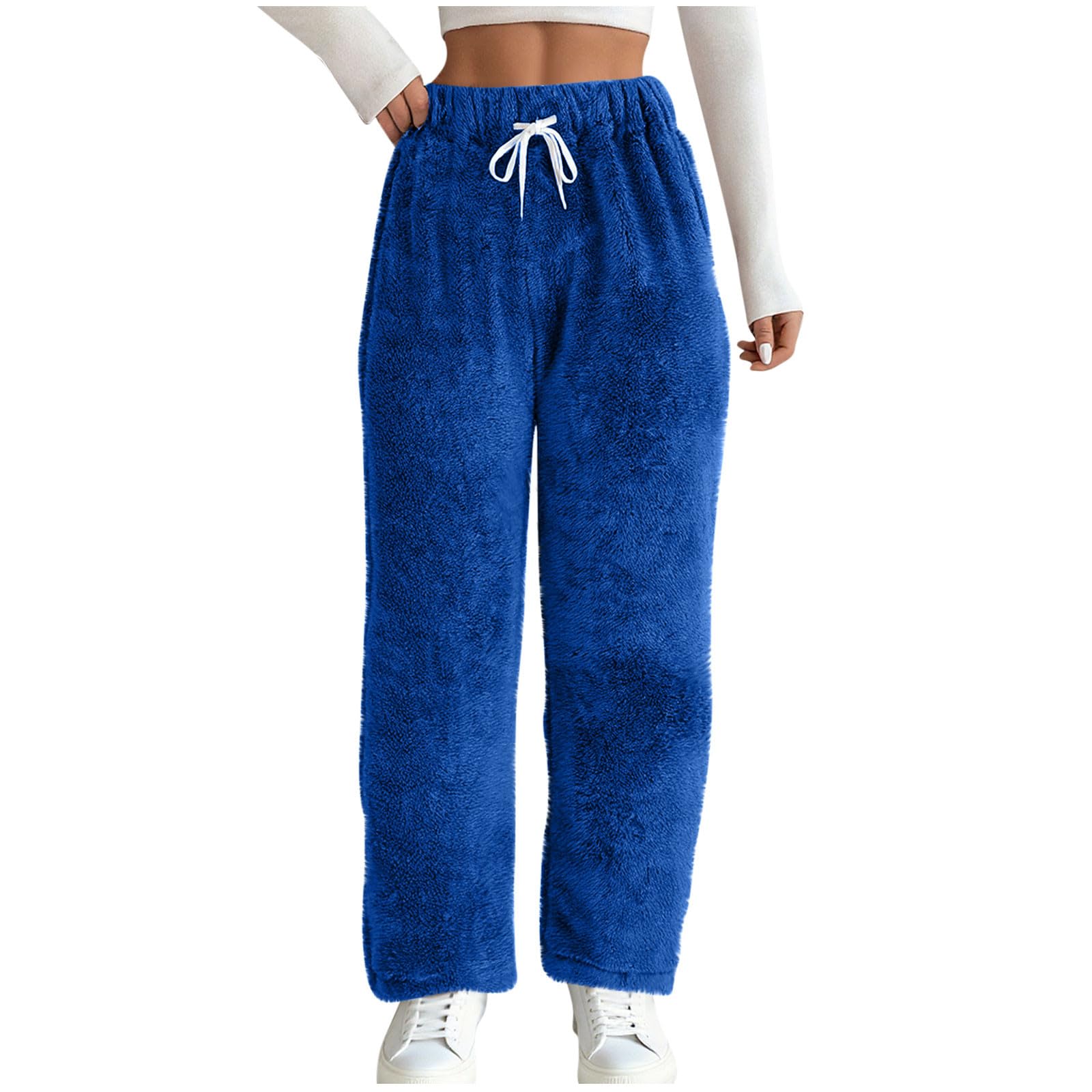 Thermal Fleece Casual Pants for Women Stylish Fall Winter Warm Outdoor Lounge Pants Furry Fashion Drawstring Trouser