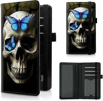 Check Book Cover for Personal Checkbook Blus Butterflies Skull Pattern Design PU Leather Checkbook Cover for Men Women with Card Slots & Pen Holder and Elastic Strap for Duplicate Checks