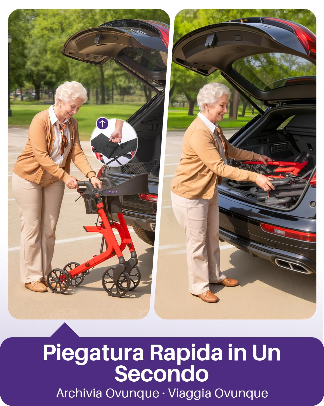 Kekoy Deambulatore per Anziani 4 Ruote con Seduta, Pieghevole, 181 kg Portata, Sedile 44 cm Largo, Ruote 25 cm Per Tutti I Terreni, Altezza Regolabile, Freni con Cavi Nascosti, Portaoggetti, Rosso