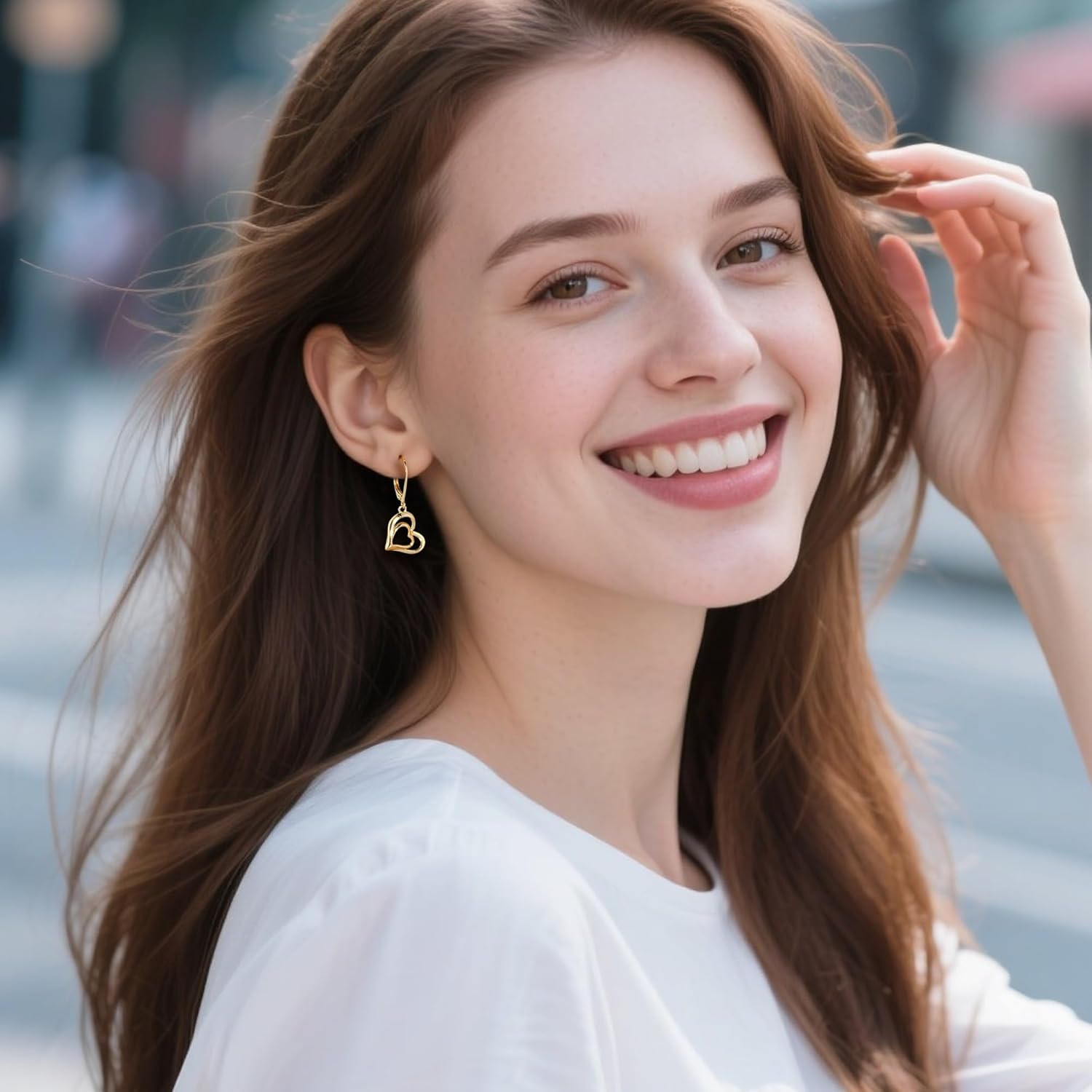 925 Sterling Silver Heart Dangle Earrings for Women, 14K Gold Plated Double Heart Dangling Drop Leverback Earrings for Women Trendy Hypoallergenic Earing Jewelry Gift - Image 3