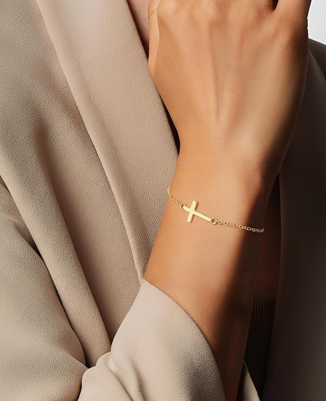 Emibele Gold Cross Bracelet for Women, Trendy Cubic Zirconia Gold Cross Bracelet 14K Gold Plated Bracelets, Adjustable Simple Link Chain for Women Faith Gold Jewelry Religious Christian Baptism Gifts image 2