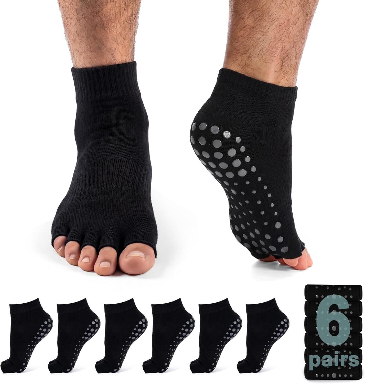 6 Pairs Toeless Grip Socks for Men Open Toe Yoga Socks with Grips Pilates Non Slip for Ballet Dance Barefoot Workout