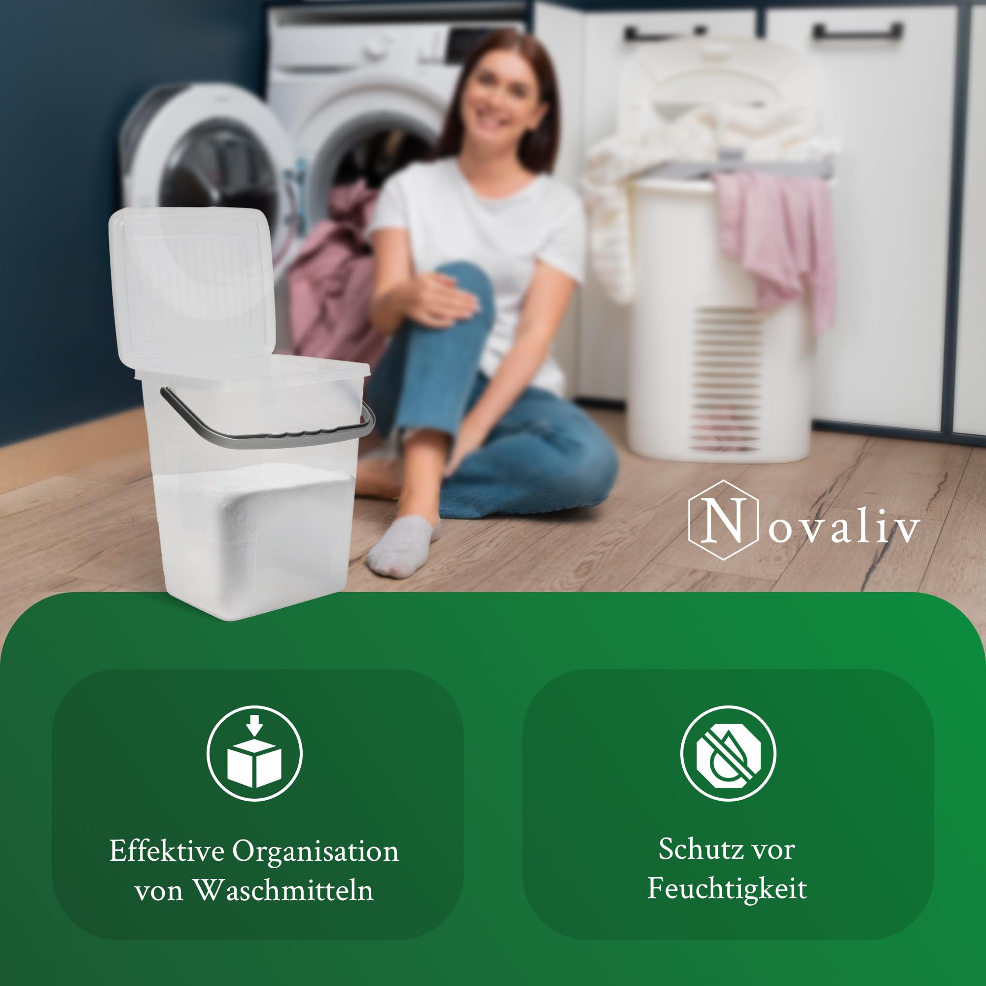 Novaliv 10 cajas de detergente con tapa, 7 litros, transparente y cuchara dosificadora, 23,5 x 18 x 26,5 cm, caja de almacenamiento con asa, depósito de detergente, recipiente para detergente y polvo