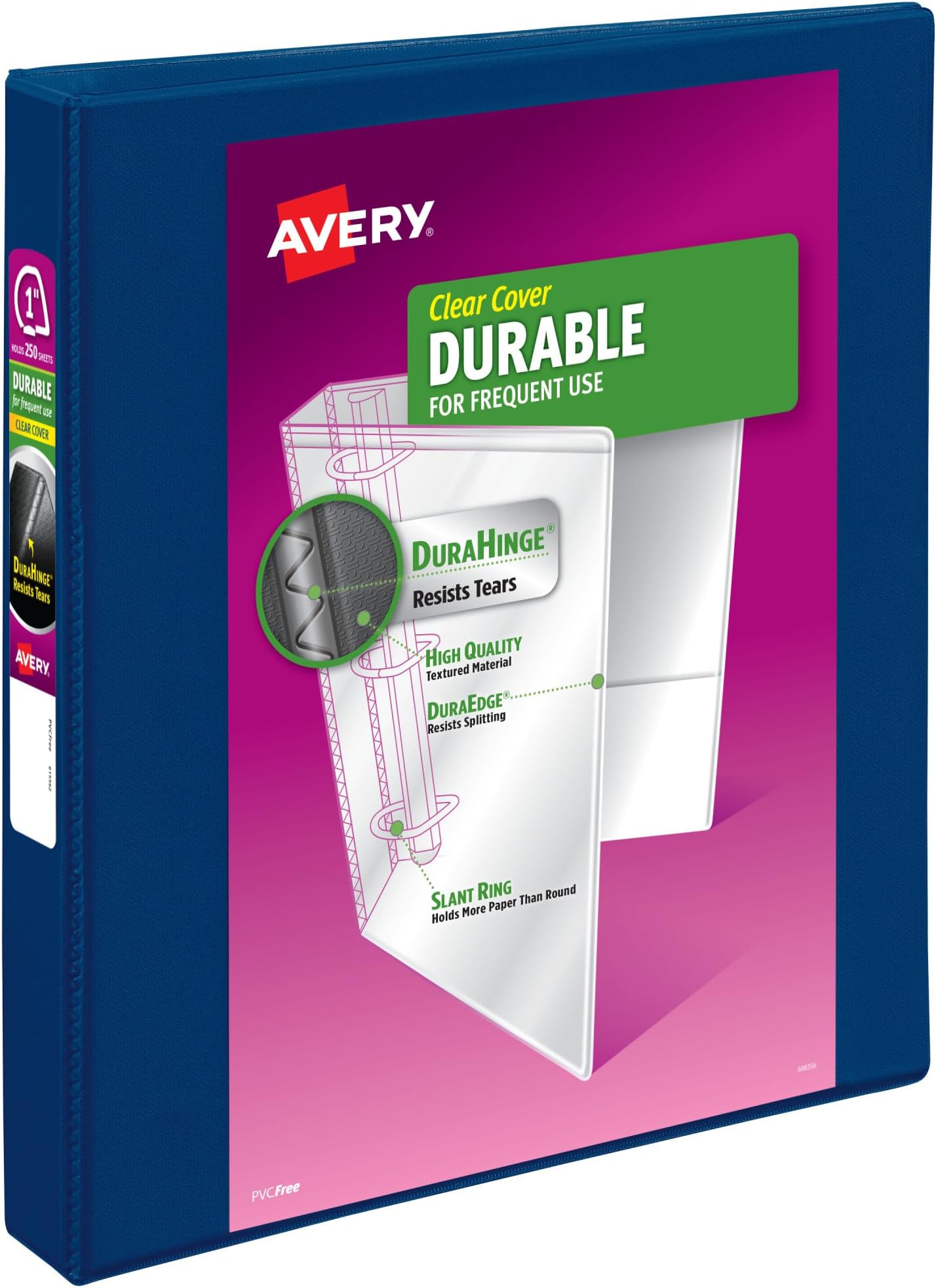 Durable View 3 Ring Binder, 1 Inch Slant Rings, 250-Sheet Capacity, DuraHinge, 1.4 Inch Wide Spine, Customizable Clear Covers and Spine, 1 Dark Blue Binder (17014)