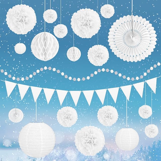 Minicoco Wedding Party Decoration, 20 PCS White Tissue Paper Pompoms Set with Honeycomb Ball Paper Lantern Fans & Triangle Bunting Flag for Birthday Party Wedding Bridal Baby Shower Engagement Party