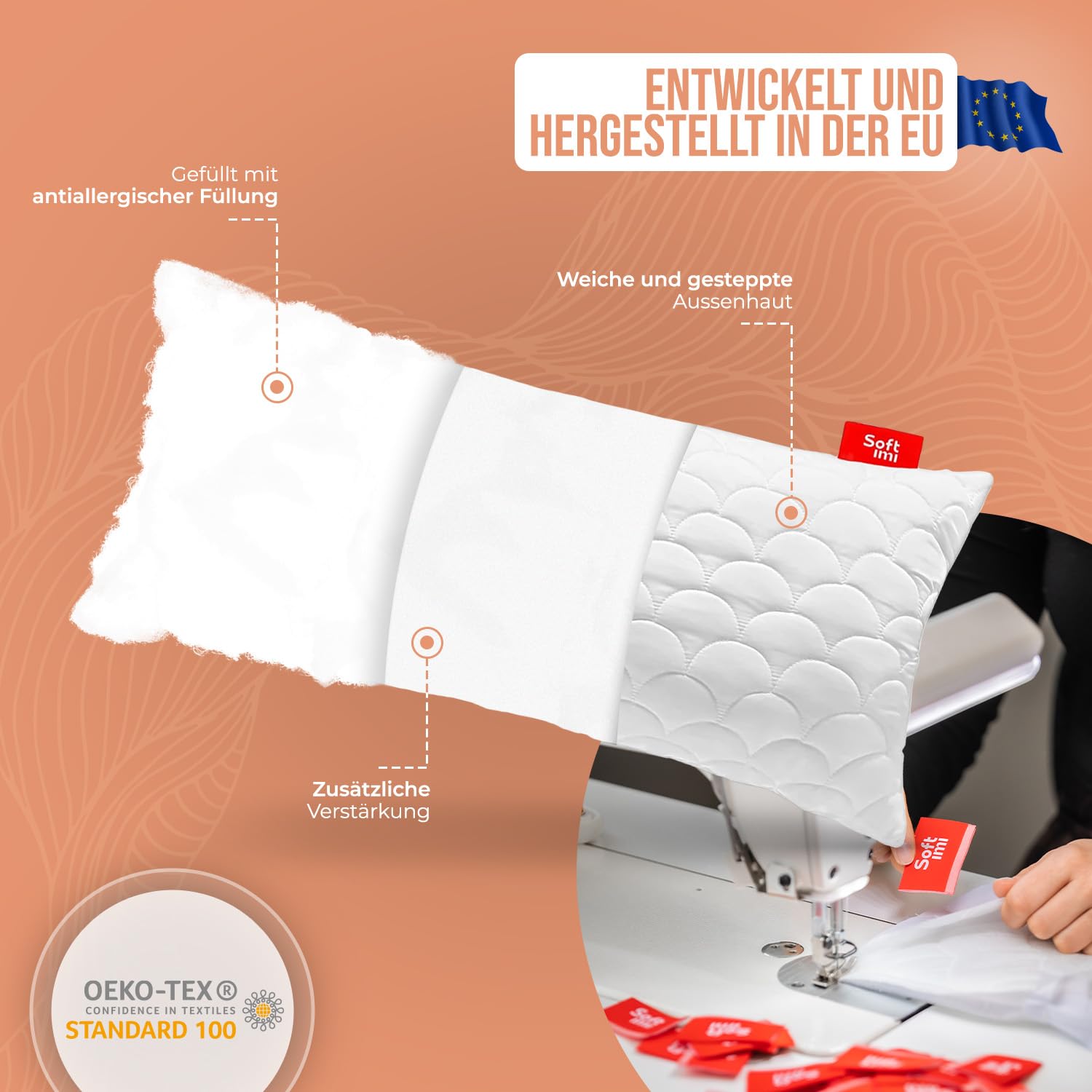 Kopfkissen Schlaffkissen Bettkissen Gestepptes Premium Kissen 2er Set 50x90 cm Antiallergisch - Anti-Milbe - Geruchlos sofort verwendbar - Mit Härteeinstellung (2er Set 50x90 cm)