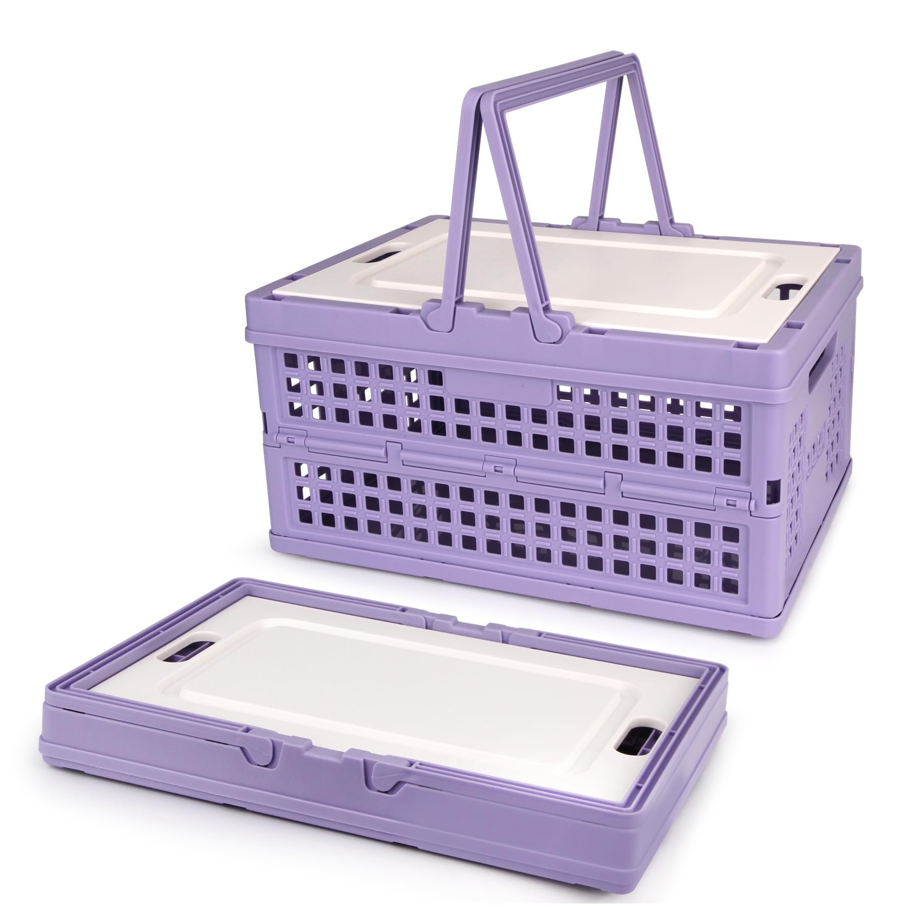 Vivikivi Collapsible Storage Crate,Plastic Storage Box,Purple-Hollow,2 Pack