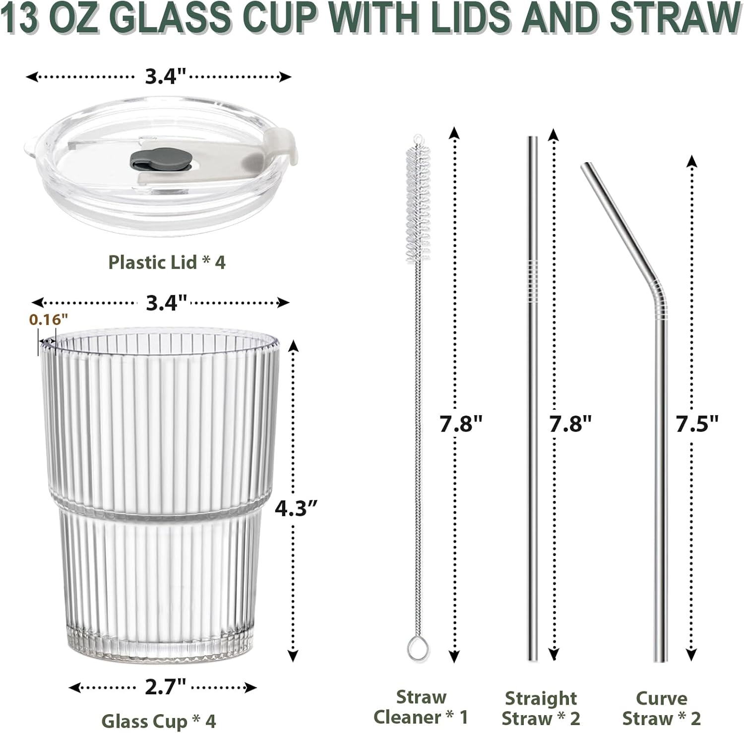 Iced Coffee Cups with Lids 4 Pcs, 13 OZ Glass Cups with Lids and Straws, Reusable Ribbed Glasses Drinking Set, Clear Cute Aesthetic Glass Tumbler for Home Kitchen Office Travel - Image 5