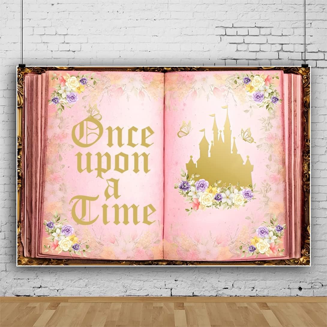 Renaiss 7x5ft Fairy Tale Books Backdrop Once Upon A Time Photography Background Old Open Magic Book Royal Castle Princess Wedding Birthday Baby Shower Party Decors Pink Storybook Photo Booth Props