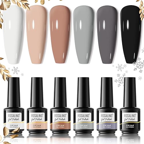 ROSALIND Juego de 6 esmaltes de uñas de gel blanco y negro para otoño, color marrón nude, blanco, negro, neutro, negro, blanco, negro, blanco,