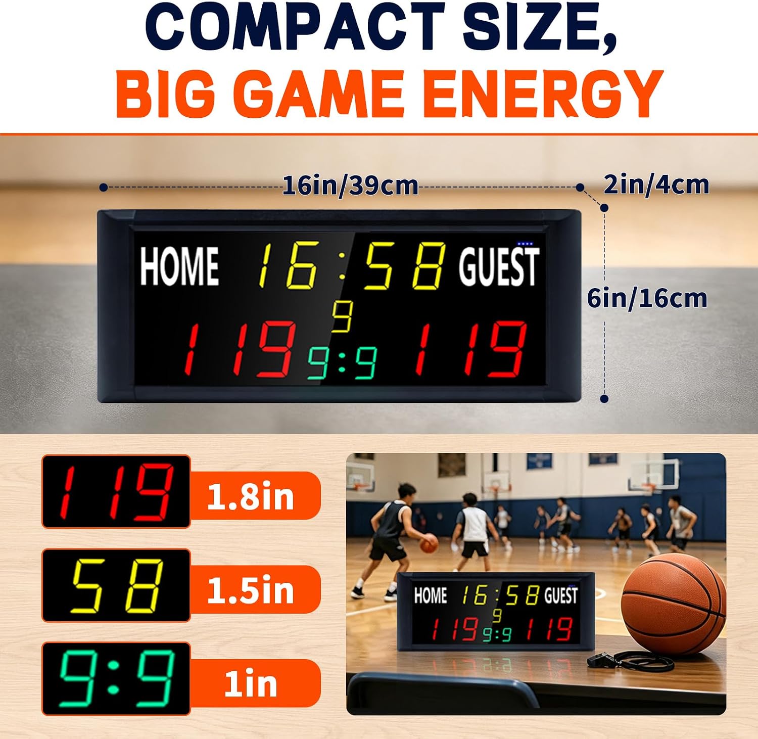 Electronic Scoreboard with Remote, Portable Digital Score Keeper for Basketball Volleyball Badminton, Multi-Sport LED Score Board with Timer and Period, Perfect for Gym, Schools, Rec League