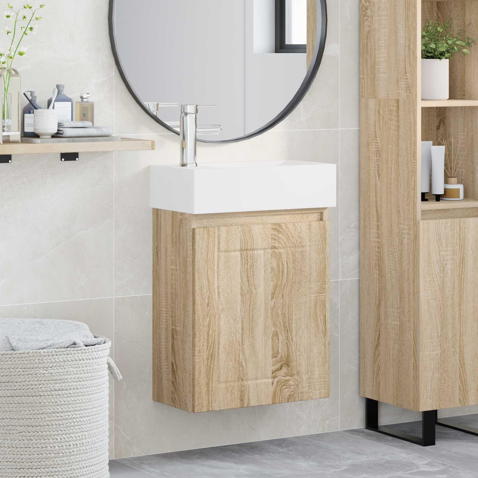 Mueble bajo lavabo de madera roble Sonoma con lavabo de cerámica