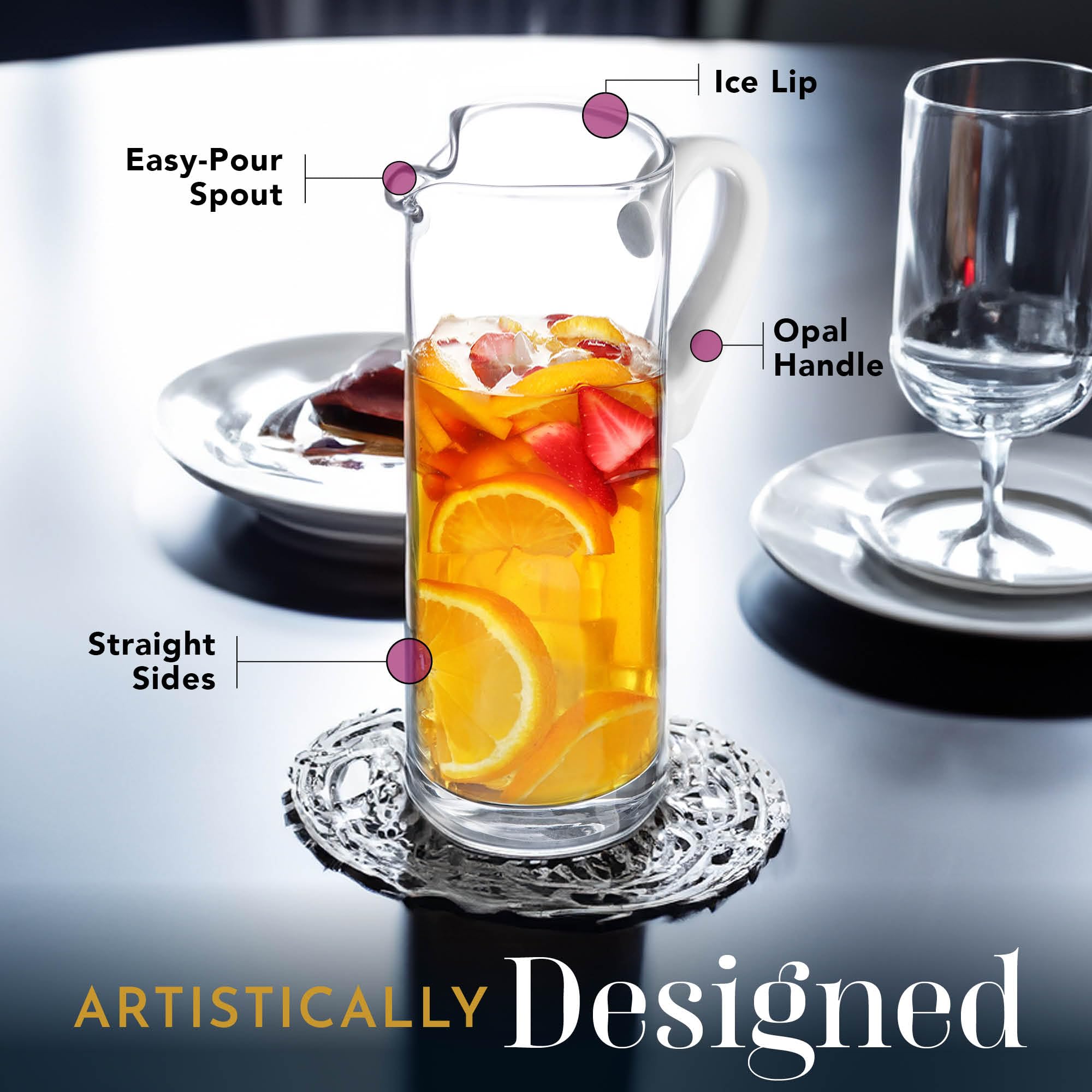 Barski – Calidad Europea – vidrio – Jarra de vidrio de lado recto con mango de ópalo – con boquilla y borde de hielo 11 pulgadas de altura – 64 oz. Capacidad de líquido, fabricado en Europa