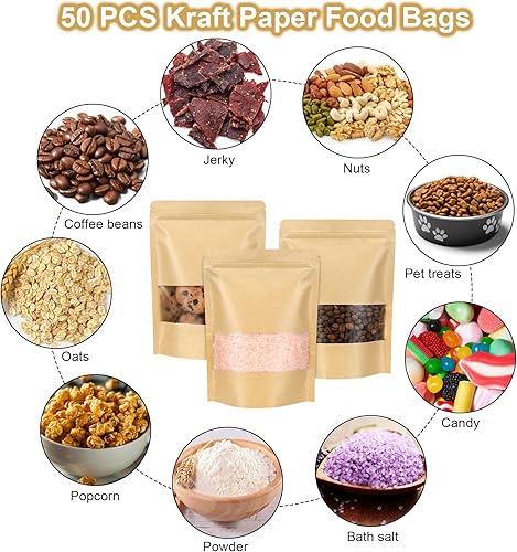 Miniatura 6 de Blisstime Bolsas de pie, paquete de 50 bolsas de papel kraft con cierre de cremallera con ventana mate y muesca de desgarro, bolsas resellables para