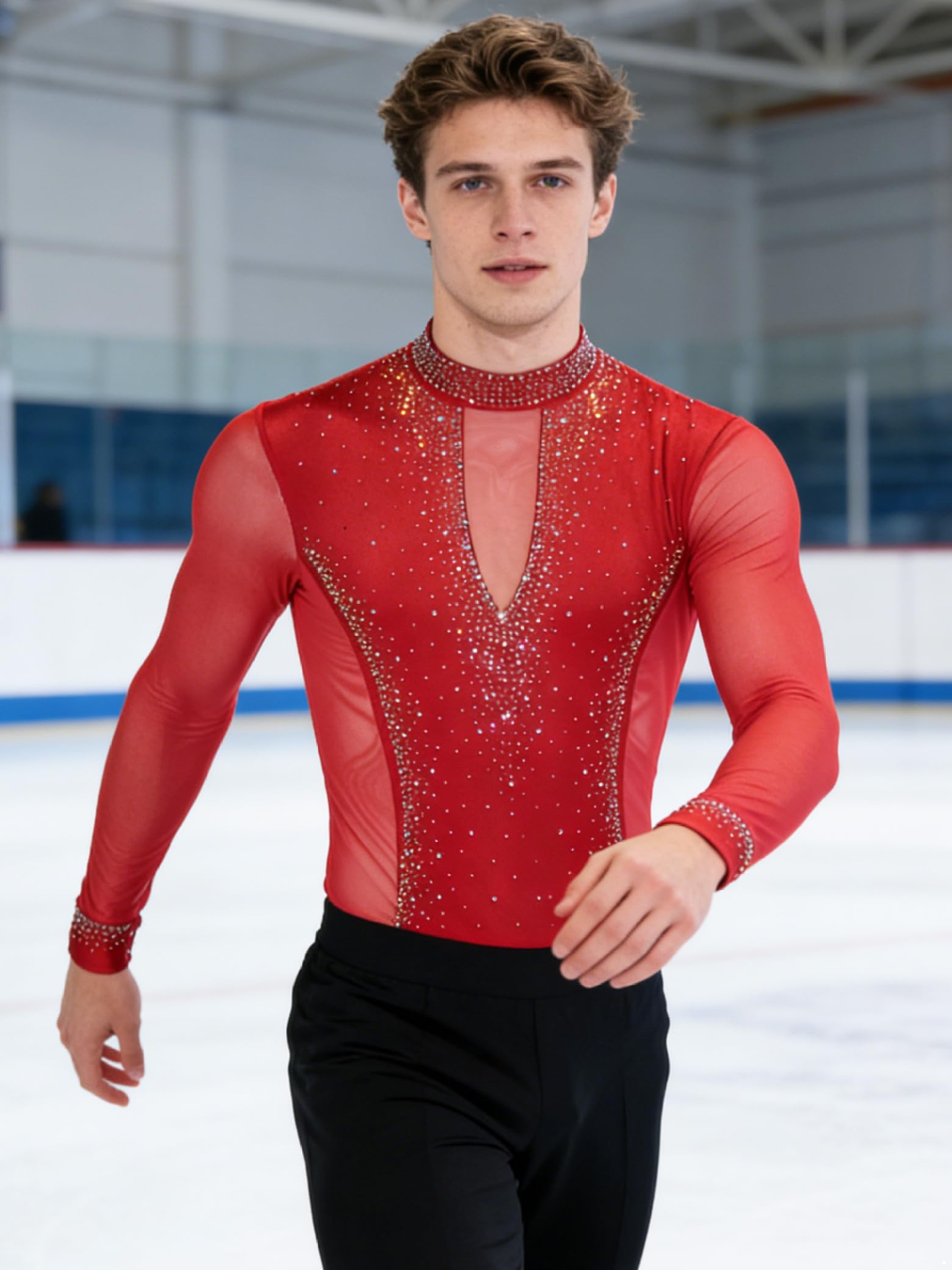 Body de manga larga para hombre, de malla de patchwork, para danza latina, body con brillantes brillantes de estrás