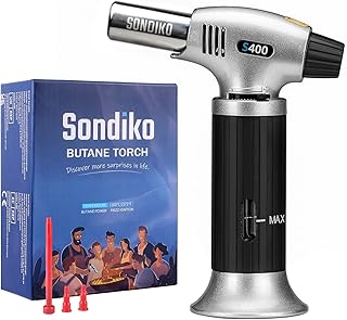 Sondiko Butane Torch with Fuel Gauge S400, Refillable Soldering Torch Lighter with Safety Lock and Adjustable Flame for Welding, Resin Art, Industrial—Butane Gas Is Not Included