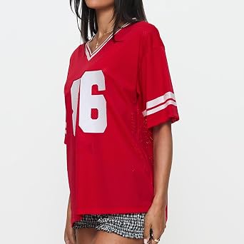 Women Y2k Oversized Jersey Summer Top Number Graphic Tee T-Shirt V Neck Short Sleeve Sport Casual Shirts Streetwear