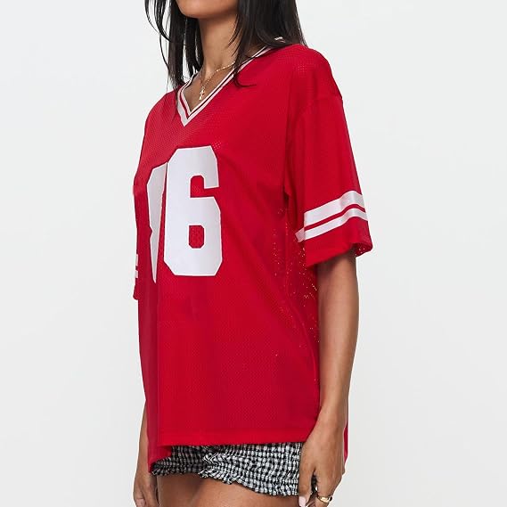 Women Y2k Oversized Jersey Summer Top Number Graphic Tee T-Shirt V Neck Short Sleeve Sport Casual Shirts Streetwear