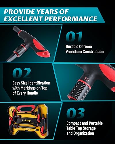 Vista 18 de Lichamp Juego de llaves Allen con mango en T SAE Metric, 16 piezas estándar largo mango en T Allen juego de llaves hexagonales SAE métricas