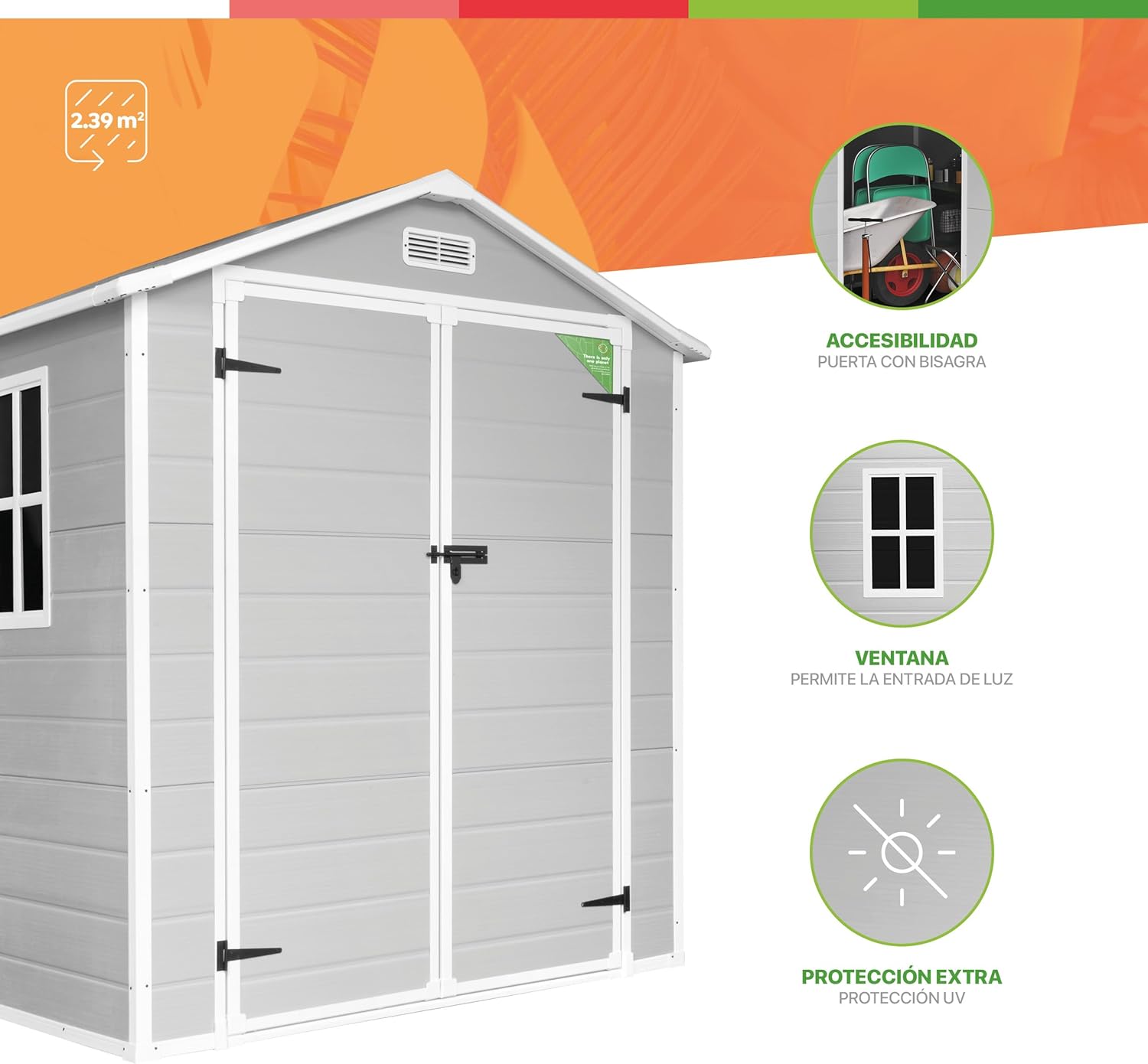 WASABI Aqua 2.6 Garden Resin Shed – Double Door – Natural Light Window – Panels 12 mm Thickness – Floor Included – Grey White – PVC Shed Outdoor Storage 2.4 m²