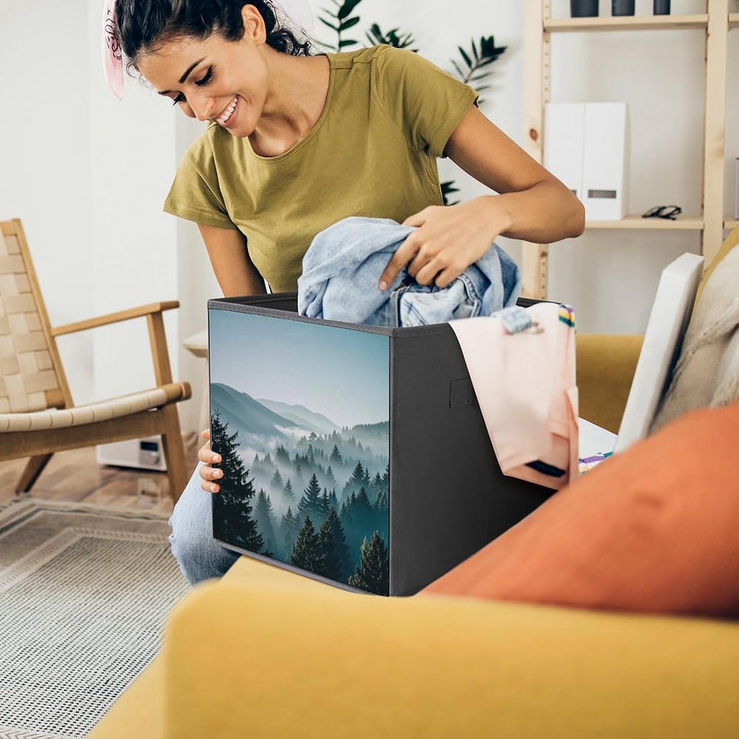 Blue Green Tree Landscape Foldable Storage Box with Handles, Durable Oxford Storage Cubes, 2PCS Collapsible Closet Organizer for Home, Shelf, Office, Travel