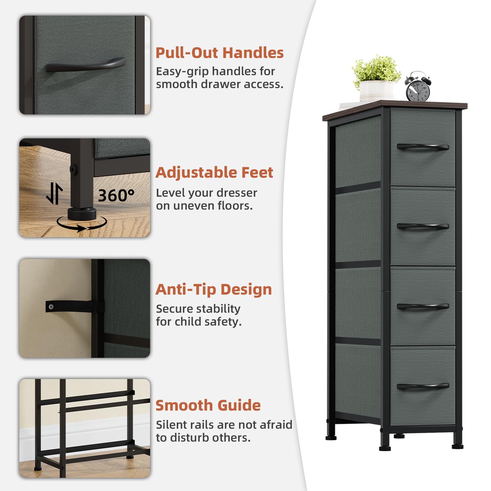 Somdot Narrow Dresser with 4 Drawers, Slim Storage Organizer Chest