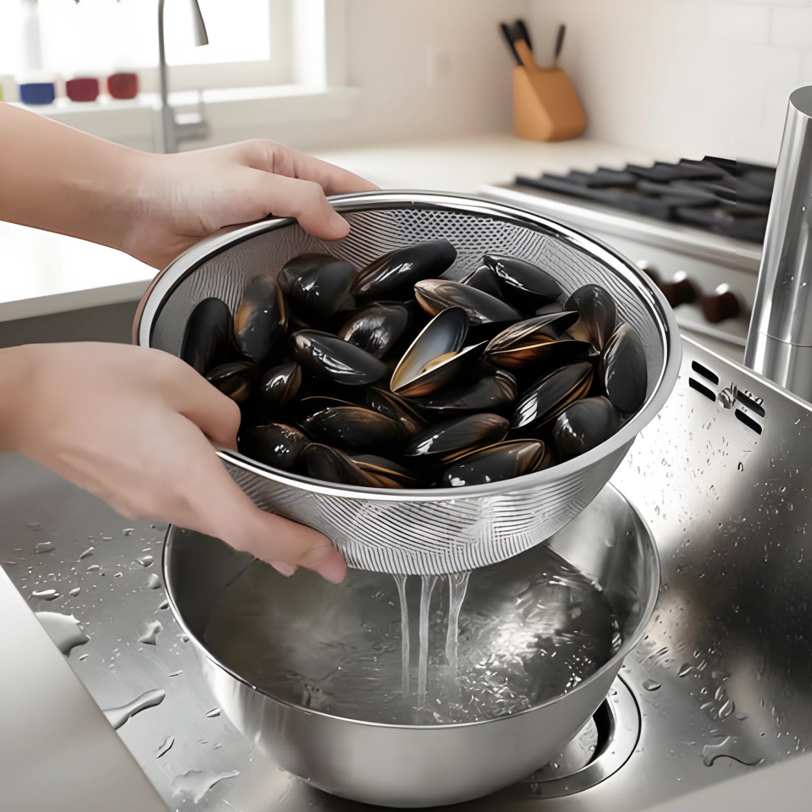 Edelstahl Rührschüssel Set, inklusive 25 cm Salatschüssel und 24 cm Feinsieb-Abtropfsieb, 3000 ml großes Fassungsvermögen, lebensmittelecht, Küchensiebkorb zum Waschen, Abtropfen, Mischen