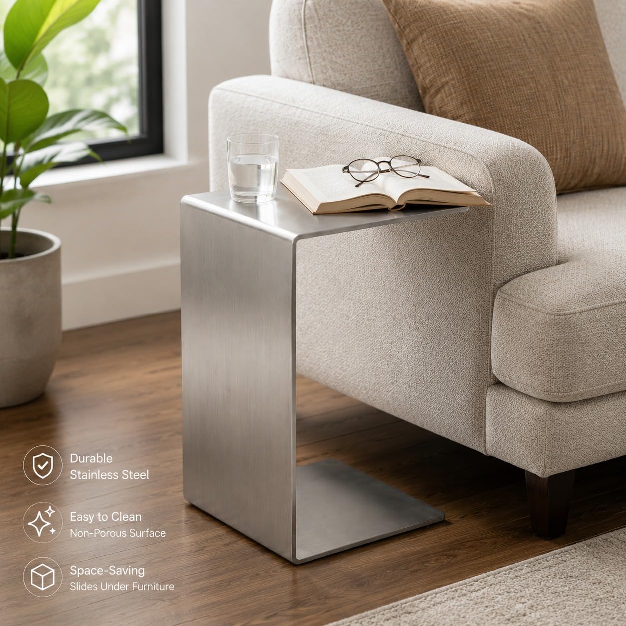 Stainless Steel C-Shaped End Table, Silver Sofa Bedside | one-piece bent form, brushed finish, pre-assembled, end table