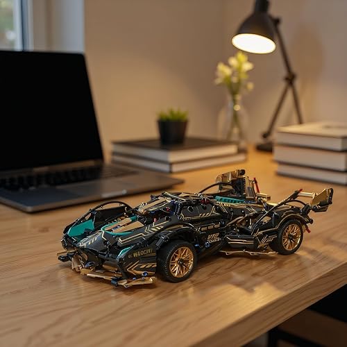 Miniatura 9 de Kit de modelo de coche RC a escala 114, superdeportivo retro negro y dorado con control de aplicación, luces LED y puertas de tijera funcionales