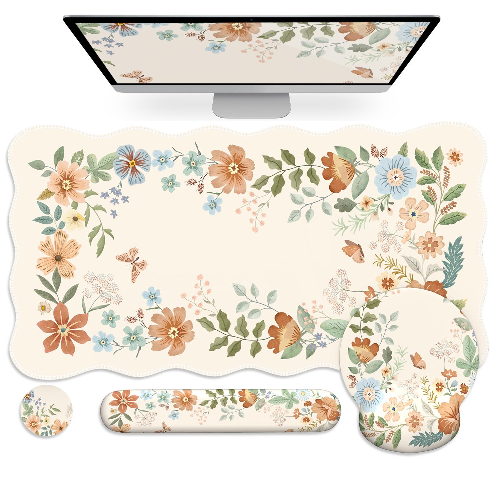 Anyshock Scalloped Office Desk Cover Mat+Keyboard Wrist Rest+Mouse Wrist Rest+Coaster Set,Scalloped Desktop mat for Teacher Desk Cover,Pastel Home