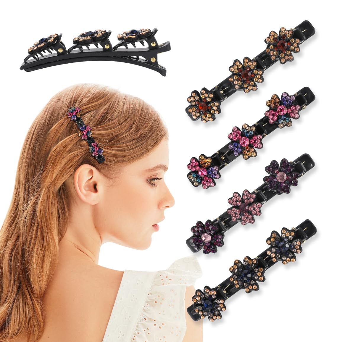 WUSJCOF 4er-Set Doppelschicht-Haarspangen Mit 3 Clips & Kristallblumen – Stylische Geflecht-Spangen Für Damen & Mädchen
