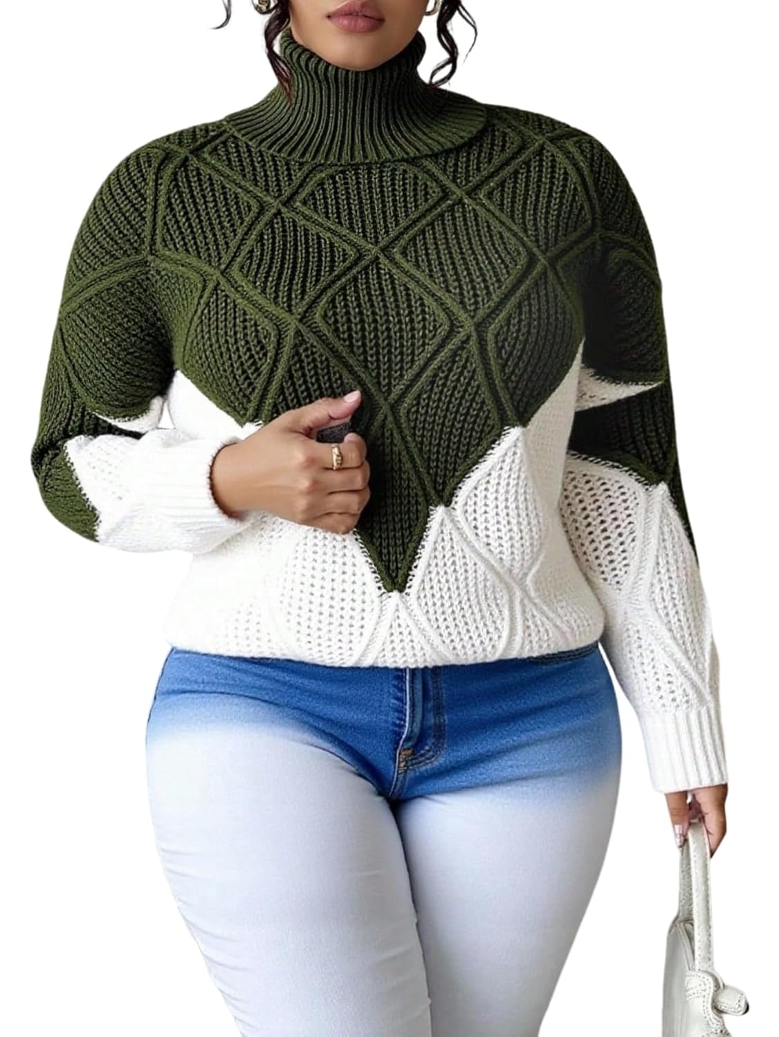 LALAGEN Womens Plus Size Sweater Casual Turtleneck Two-Tone Cozy Warm Pullover Sweater Winter Knit Pullover Fall Outfit