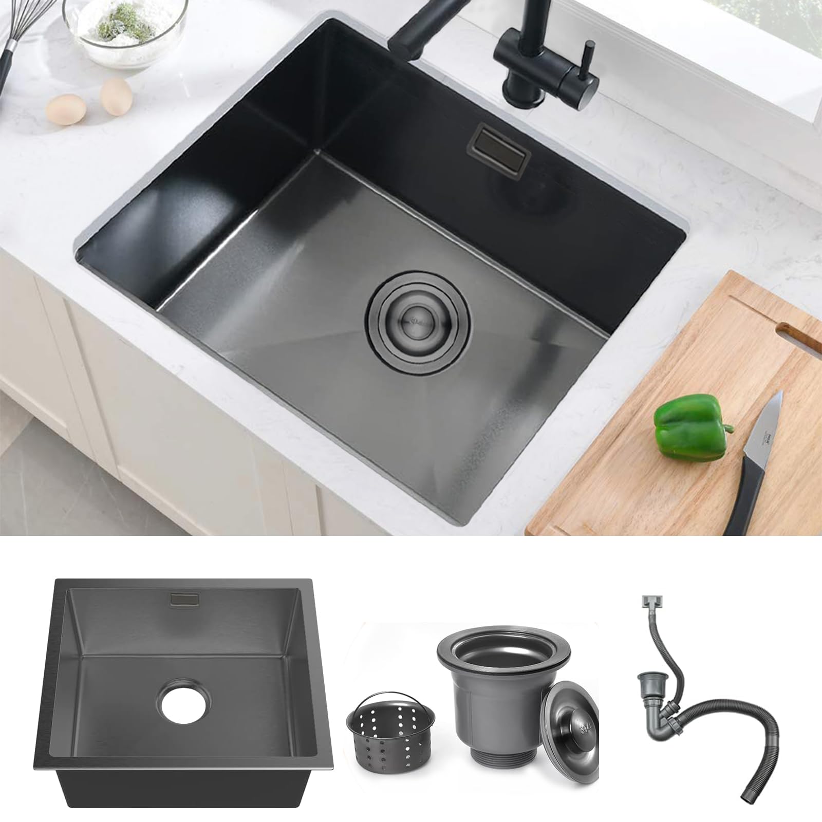 Black Kitchen Sink, 50X45CM Small Sink Stainless Steel Single Bowl, BoomHoze Outdoor Campervan with Overflow, Drainer Fittings, Undermount, Top Mount, Drop in Flushmount Installation, Grey Black