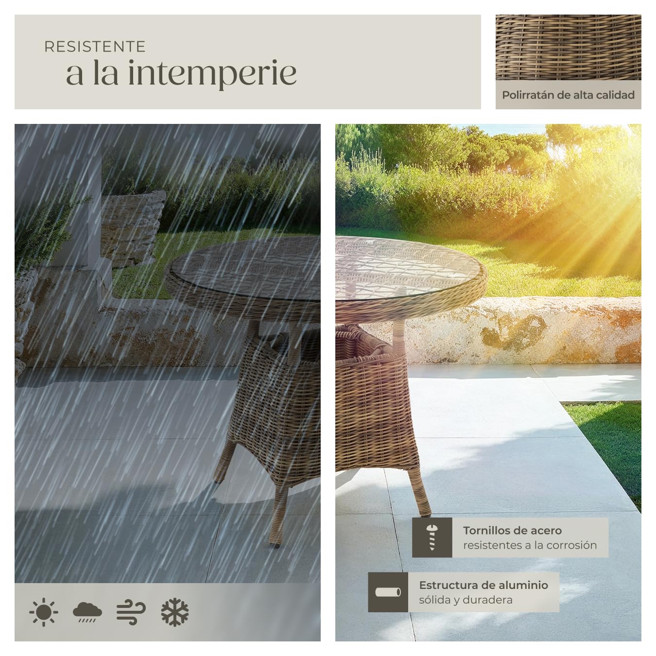 tectake® Mesa Jardín Exterior de Ratán y Aluminio Inoxidable, Mesa Terraza con Tablero Extraíble de Vidrio de Seguridad, Mueble Jardín Resistente a Intemperie, Topes en Patas, Fácil Montaje - Natural