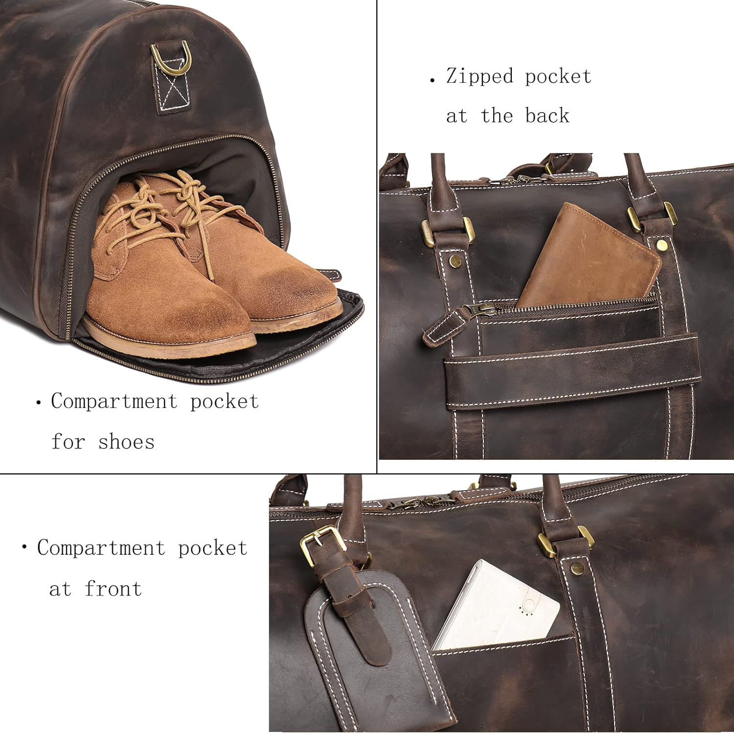 Mens Leather Duffel Bags YKK Zipper Sport Vintage Leather Travel Gym Bag Weekender Overnight Classic Gift Genuine Gym Overnight Carry On Bag (Dark Brown, 22 Inch)