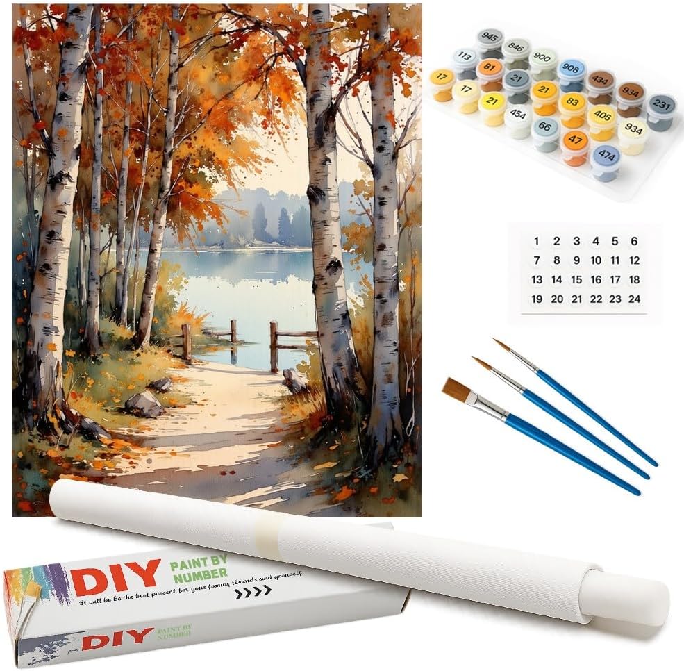 Lakeside Fall Foliage Paint by Numbers Kit for Adults - DIY Birch Trees and Lakeside Trail Painting on Canvas, Acrylic Paint Set for Beginners, Art for Home Decoration or Gifts(12X16IN Framed)