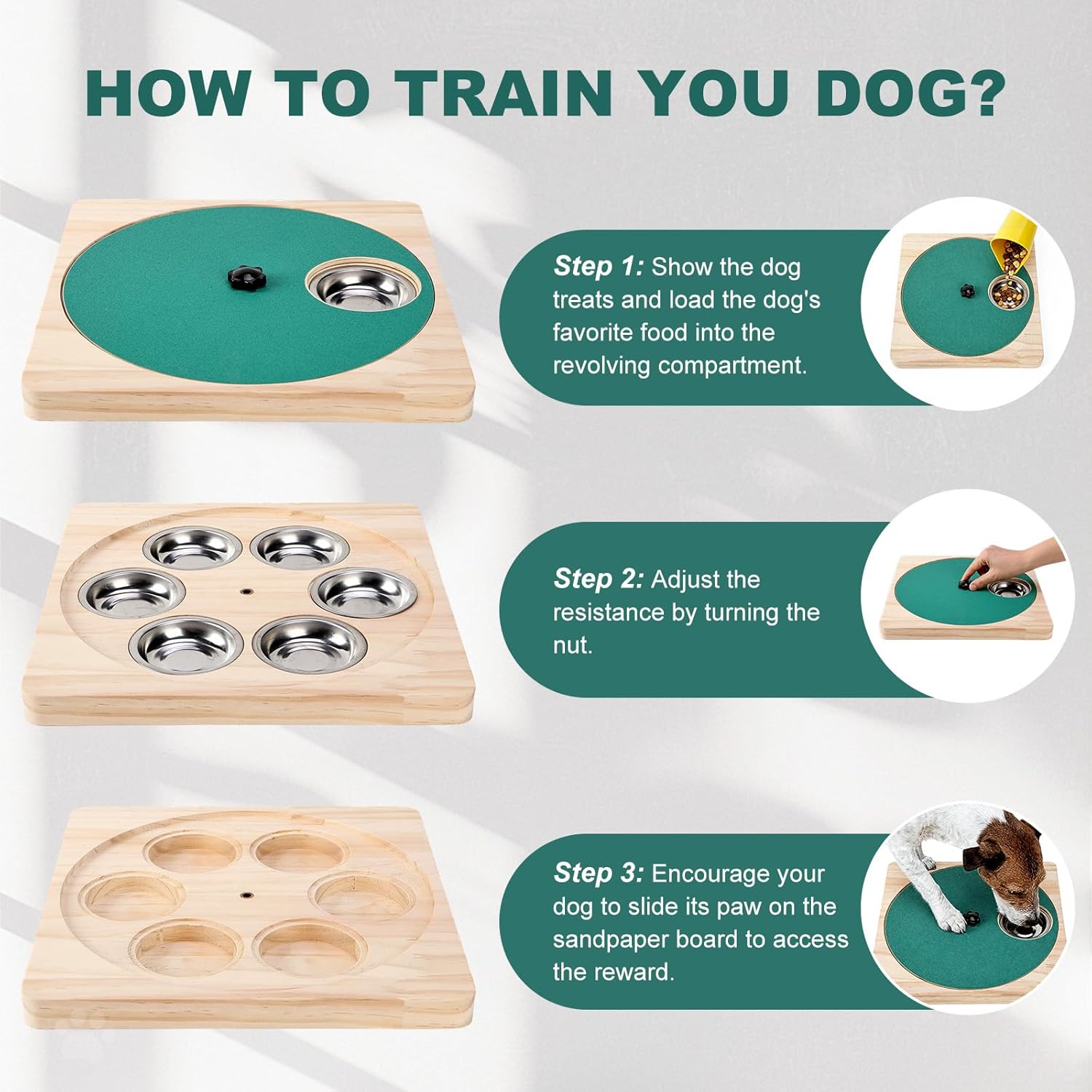 Dog Nail Scratch Board with 6 Stainless Steel Bowls for Treats, Dog Nail File Toy, Non-Slip Stress-Free Nail Care for Dogs, Wood Dog Nails Scratching Pad for Small and Large Dogs