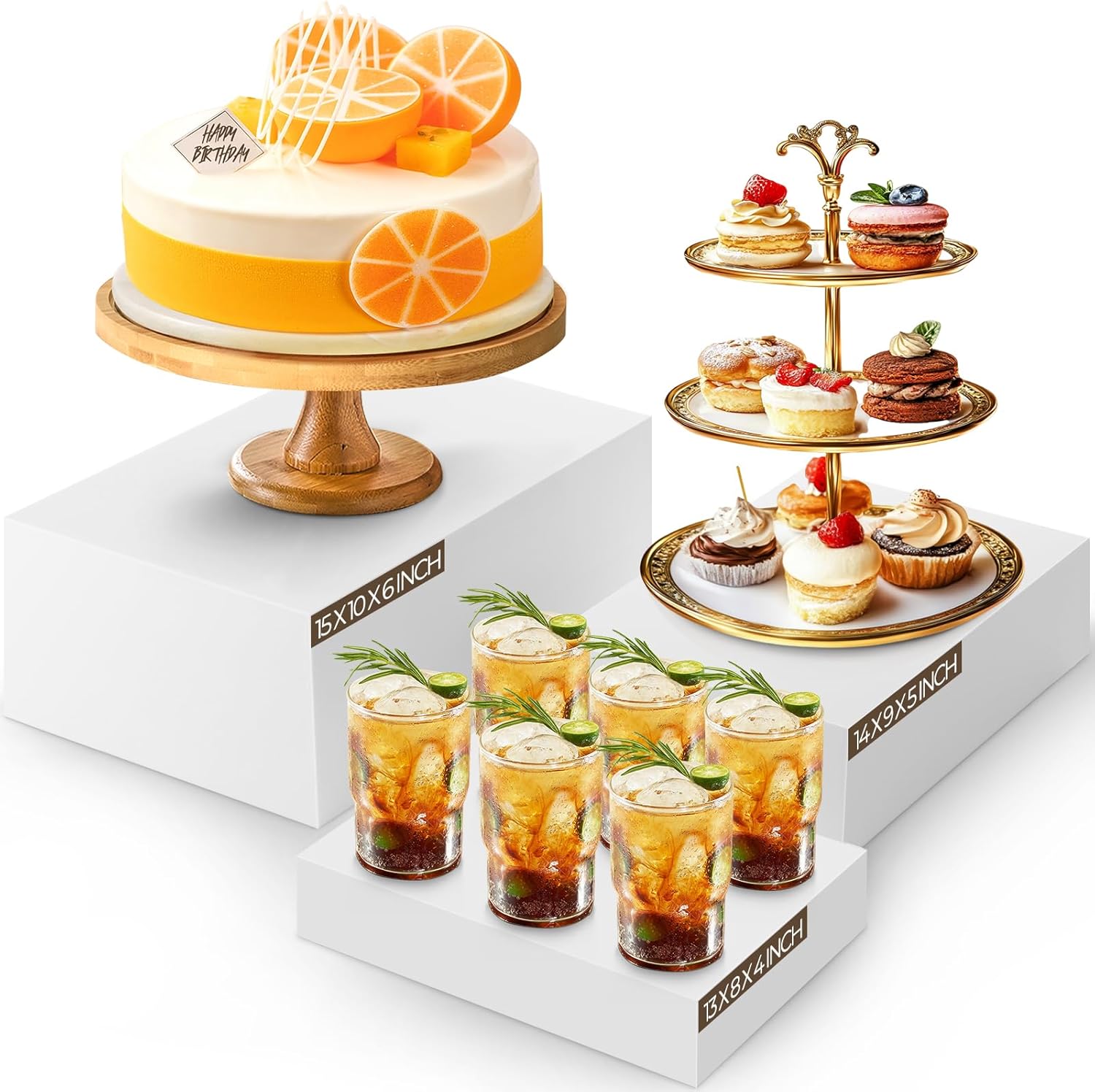 3 Pack Extra Large Acrylic Buffet Risers - 15”, 14”, 13” White Display Stands with Hollow Bottoms, Cube Riser Boxes Nesting for Dessert Food Catering Buffet Display Party Supplies