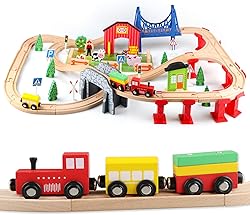 Jacootoys 80PCS Wooden Train Tracks Set Magnetic Trains E…