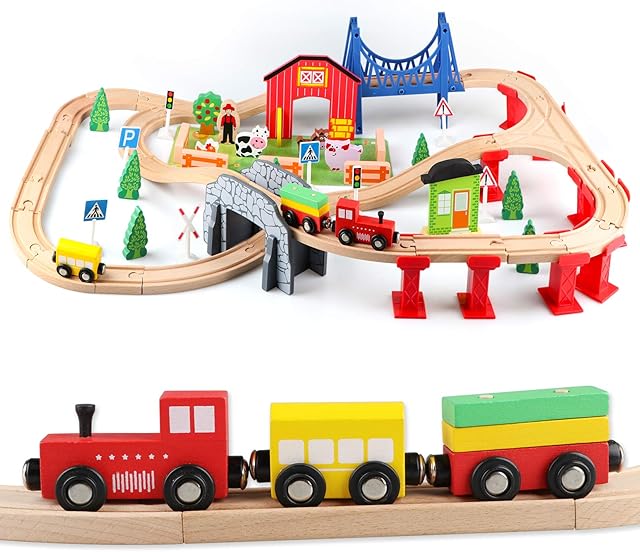 Jacootoys 80PCS Wooden Car Tracks Set Magnetic Trains Educational Construction Toy Vehicles for Kids 3+ Years Old Girls Boys
