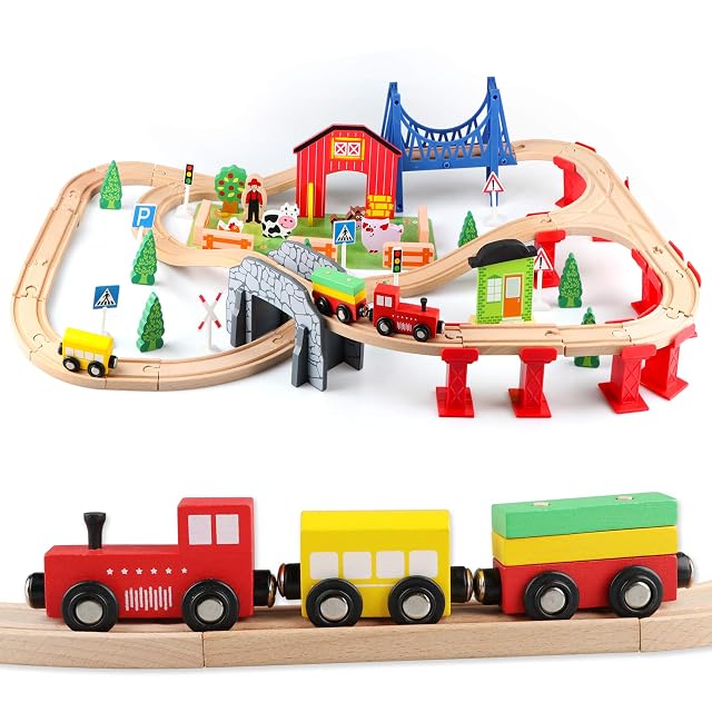 Jacootoys Tren Juguete Madera 80 Piezas Coches y Pista de Madera Bloques de Construcción Juguetes Educativos…