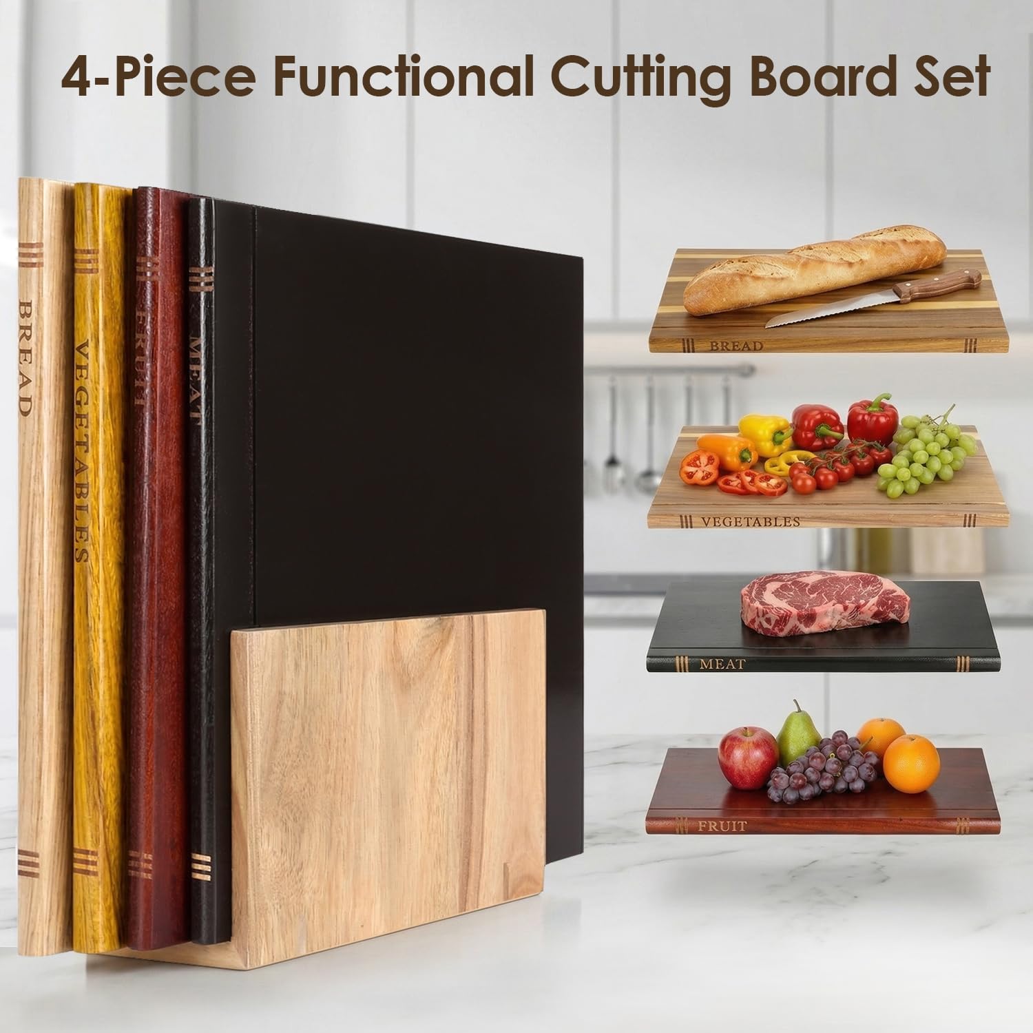 Book Cutting Board Set with Wooden Stand, 4 Pcs Wood Decorative Cutting Boards for Kitchen, Functional Book-Inspired Chopping Boards for Food Prep, Gift for Book Lovers & Home Cooks