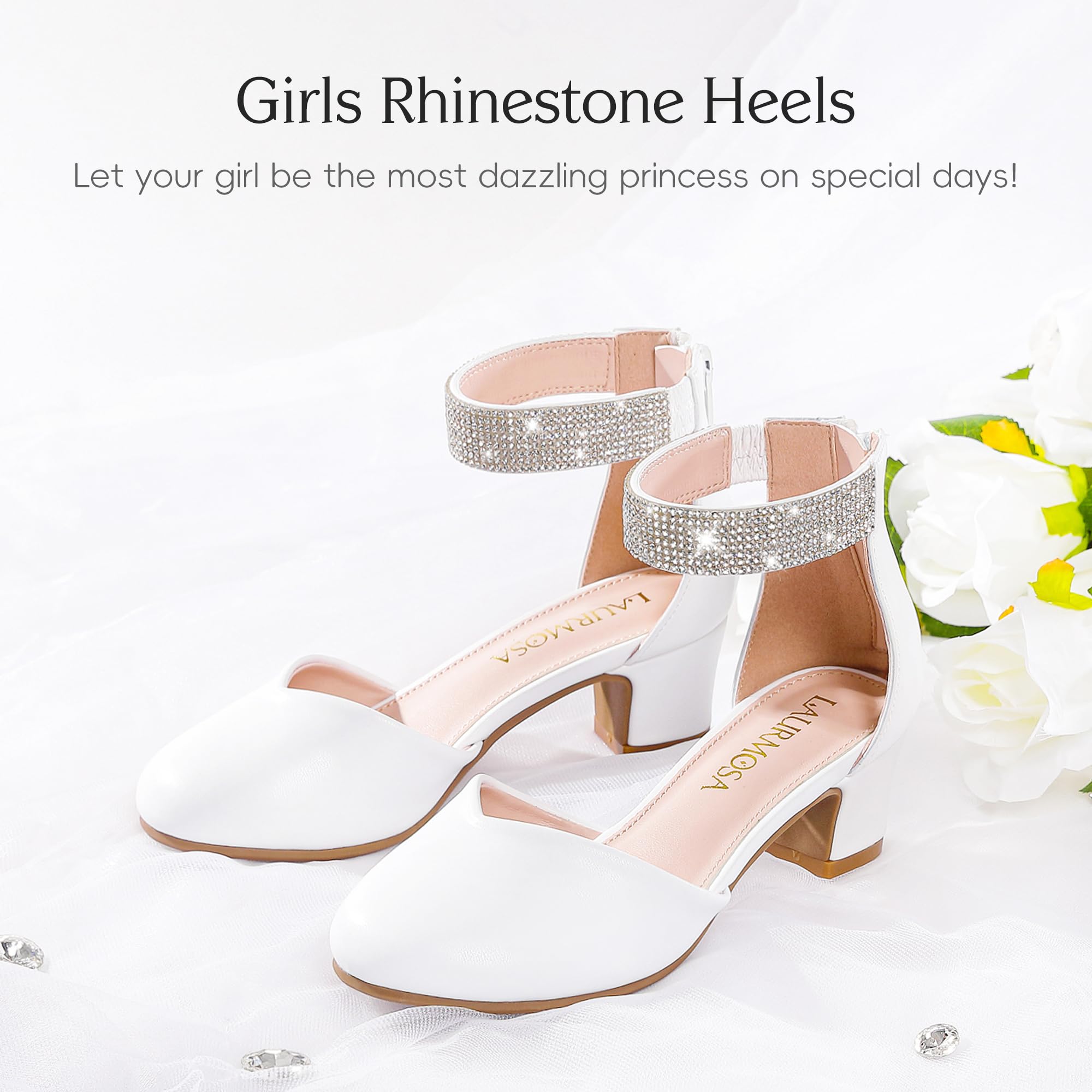 LAURMOSA Mädchen Pumps mit Strass Riemchen Stöckelschuhe Kinder Geschlossene Zehenkappe Festliche Schuhe für Hochzeit Party Geburtstag