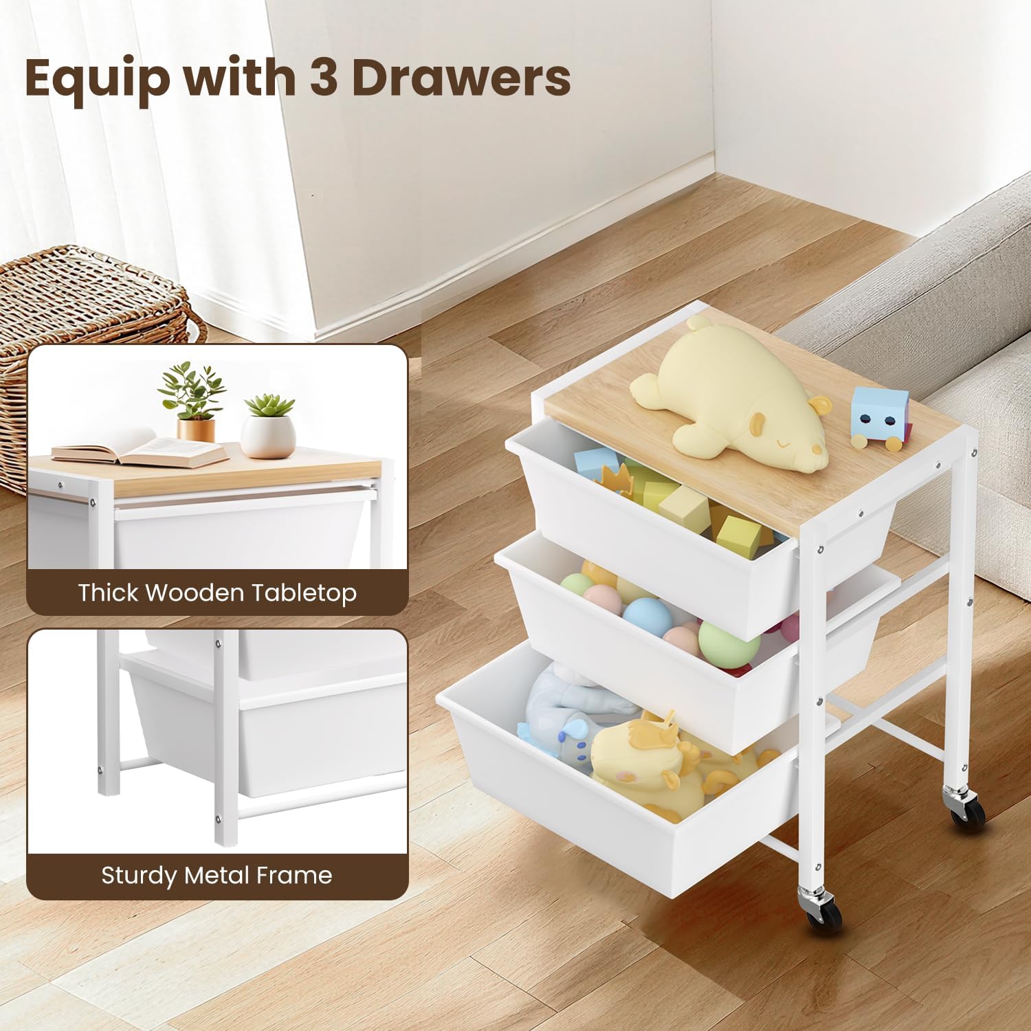 Rolling Cart with 3 Drawers, Plastic Drawer Storage Carts with Lockable Wheels & Wooden Tabletop, Metal Utility Cart Organizer, Office Bedroom Classroom Craft Organization and Storage, Bright White - Image 5