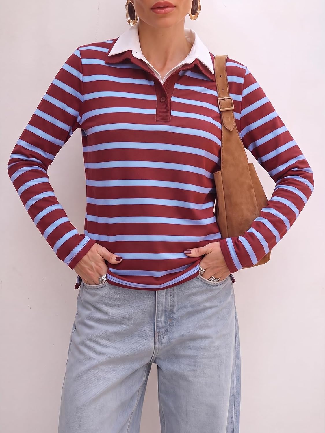 Tankaneo Womens Striped Polo Shirts Long Sleeve Rugby Shirts Pullover Tops