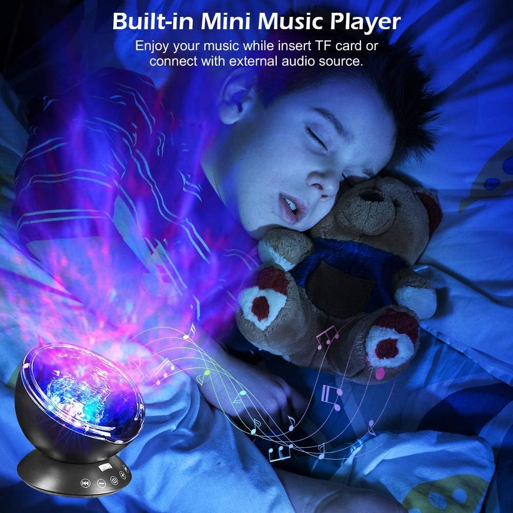 SOLLED Ocean Wave Projector 12 LED Remote Control Night Light Wave Projector for Kids 7 Colors Undersea Projector Lamp with Mini Music Player for Living Room Bedroom - Black