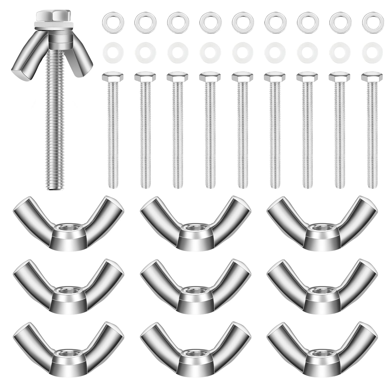 HHXUUAN M5 Wing Nuts Assorted, 10 Sets-40 Pack Kit Butterfly Nuts and 50MM Hexagon Bolts with Metal Washers and Nylon Plastic Washers for DIY Projects Machinery Electronic Equipment
